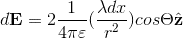 {1}{4\pi&space;\varepsilon&space;}(\frac{\lambda&space;dx}{r^2})cos\Theta&space;\hat{\mathbf{z}}.gif