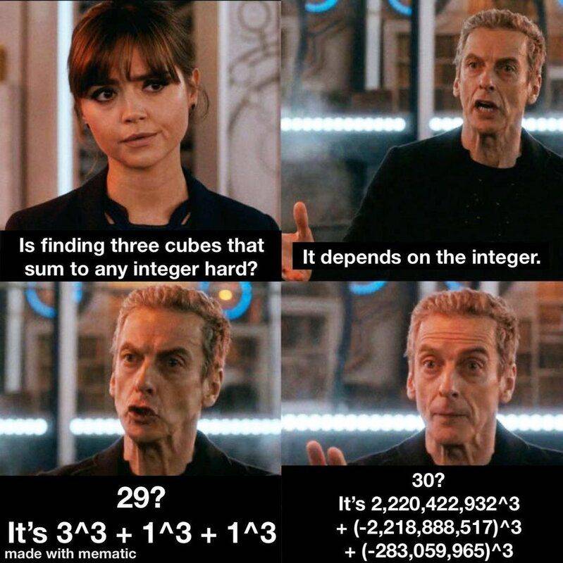 Doctor Who (Capaldi) on the sum of 3 cubes equalling a given integer