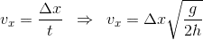 atex?v_x=\frac{\Delta&space;x}{t}\;\;\Rightarrow\;\;&space;v_x=\Delta&space;x\sqrt{\frac{g}{2h}}.gif