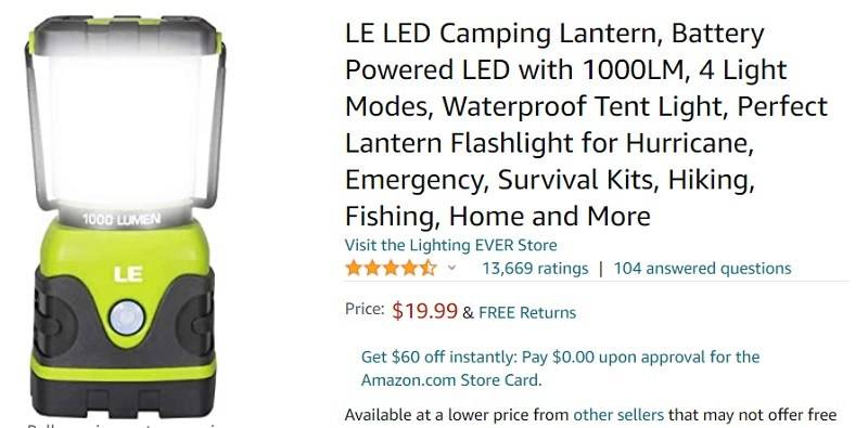 Le LED Camping Lantern Battery Powered LED with 1000lm 4 Light Modes Waterpro