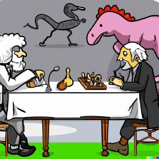 DALL·E 2023-02-13 22.15.38 - Albert Einstein having a dinner with Isaac Newton while dinosaurs...png