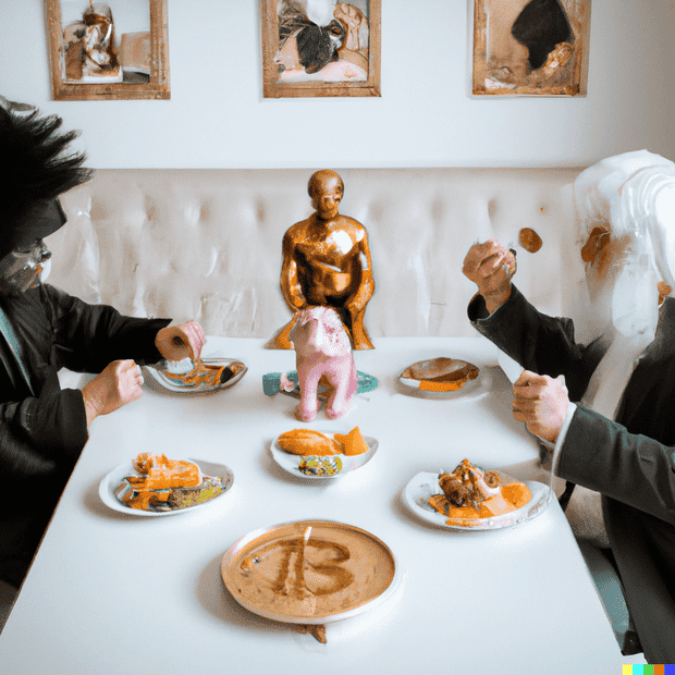 DALL·E 2023-02-13 22.19.22 - Humanized apes having dinner on a table with Einstein while playi...png