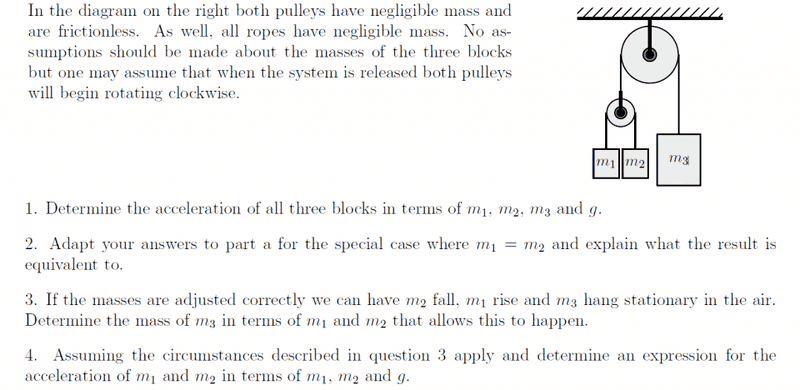 Double pulley Atwood machine (with 3 masses) | Physics Forums