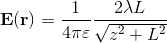 mathbf{E(r)}=\frac{1}{4\pi&space;\varepsilon}&space;\frac{2\lambda&space;L}{\sqrt{z^2&plus;L^2}}.gif