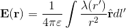 r)}=\frac{1}{4\pi&space;\varepsilon}\int&space;\frac{\lambda&space;(r')}{r^2}\hat{\mathbf{r}}dl'.gif