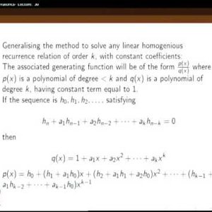 Combinatorics by Dr. L. S. Chandran (NPTEL):- Lecture 30: Solving recurrence relations using generating functions - Part 1