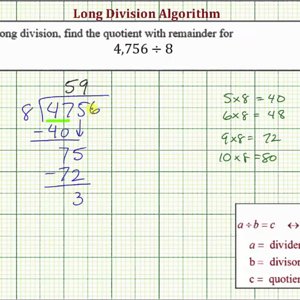 Ex: Long Division - Four Digit Divided by One Digit (With Remainder)
