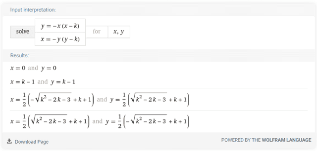 simultaneous pair y=-x(x-k) and x=-y(y-k)